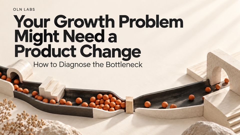 Your Growth Problem Might Need a Product Change: How to Diagnose the Bottleneck. Orange spheres collect at a narrow opening in a customer-journey channel.