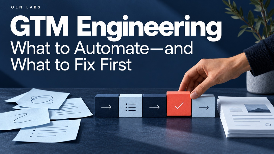 GTM Engineering: What to Automate—and What to Fix First. A hand fits an approval block into a workflow connecting discovery notes to an organised proposal.