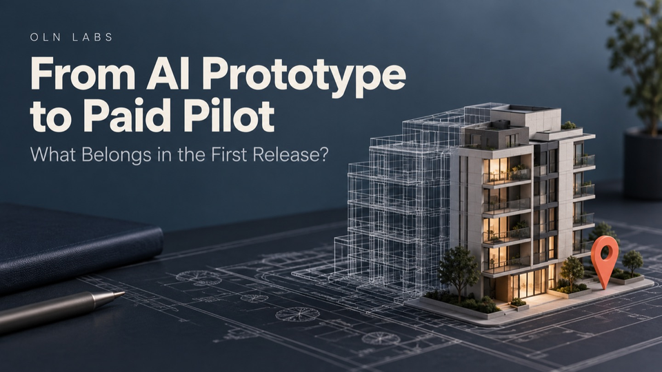 From AI Prototype to Paid Pilot: What Belongs in the First Release? An architectural wireframe becomes a finished apartment building beside a coral location pin.