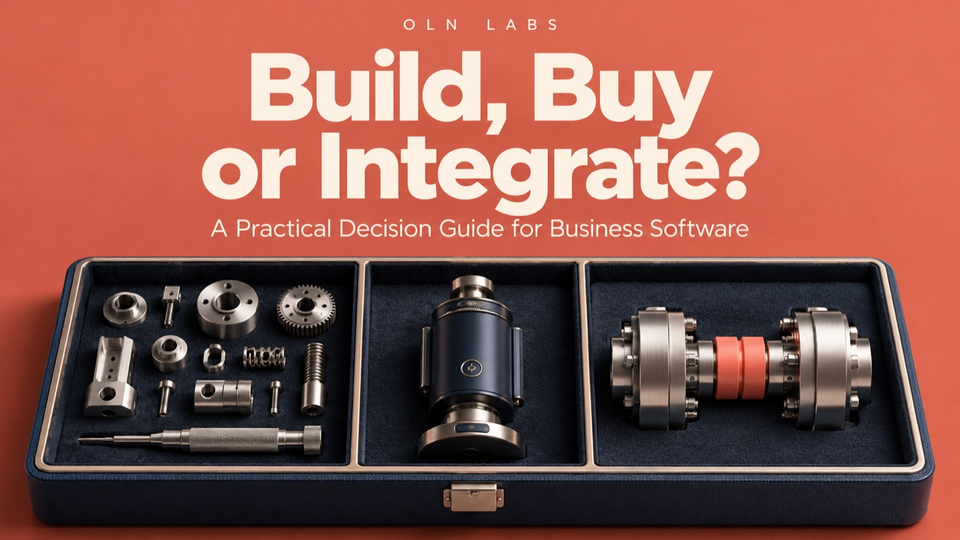 Build, Buy or Integrate? A Practical Decision Guide for Business Software. Separate parts, a complete instrument and two joined mechanisms illustrate the three choices.